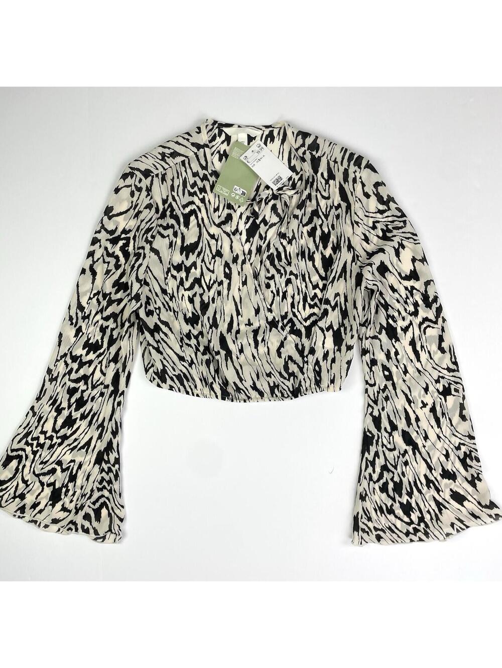H&M Zebra Print Cropped Wrap Blouse S NWT Bell Sleeve Abstract Animal Top
